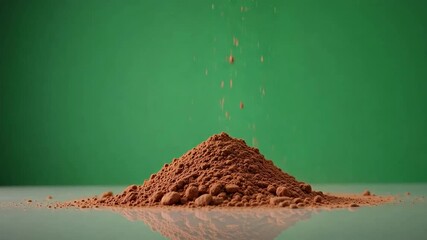 Rich brown cocoa powder is captured in a dynamic slow-motion shot as it falls and accumulates into a small mound against a vibrant solid green background creating a food concept visual.