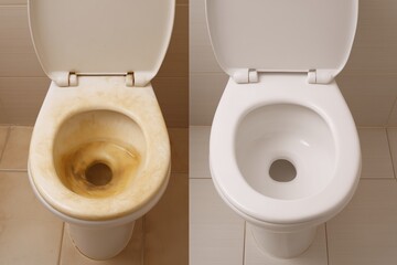 the condition of the toilet bowl before and after cleaning is shown. A dirty toilet bowl with stains on it is combined with a clean toilet bowl,