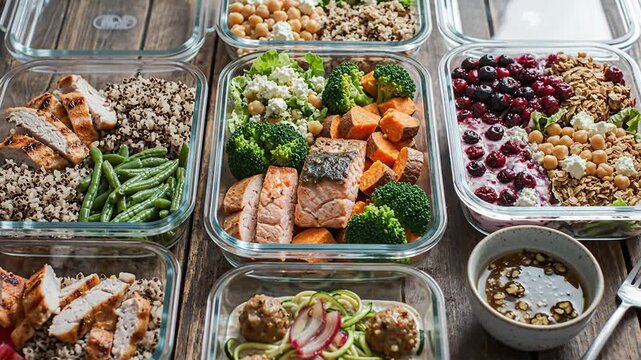 Prepared meal containers with variety of food items on a wooden surface