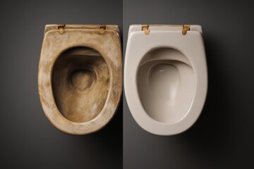 the condition of the toilet bowl before and after cleaning is shown. A dirty toilet bowl with stains on it is combined with a clean toilet bowl,