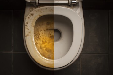 the condition of the toilet bowl before and after cleaning is shown. A dirty toilet bowl with stains on it is combined with a clean toilet bowl,