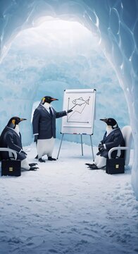 Business penguin presenting fish market growth graph while other penguins listen in an ice cave for corporate strategy concept.