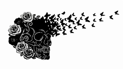 Elegant skull adorned with roses transforms into a flock of butterflies, symbolizing transformation and freedom.