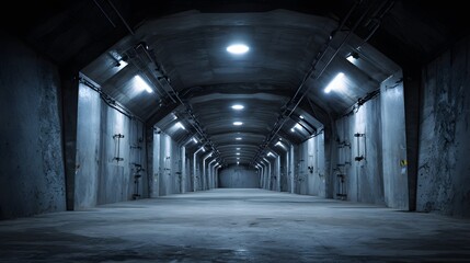 Obraz premium Dark and Mysterious Tunnel with Illuminated Ceiling Lights and Closed Doors.
