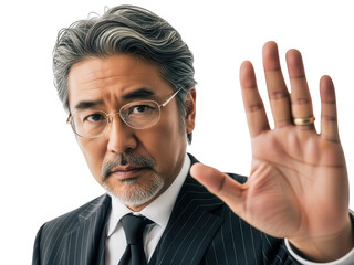 A stern man in glasses raises his hand in a stopping gesture