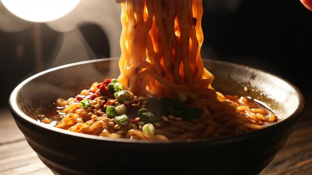 Steaming bowl of noodles with chopsticks against dark background