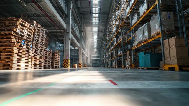 Interior view of a large, modern warehouse aisle with high shelving racks and stacked wooden pallets, dramatic lighting, 4k video