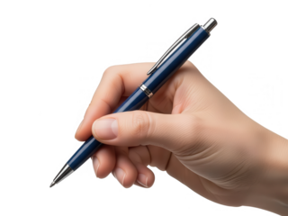 A hand elegantly holding a sleek dark blue ballpoint pen against black