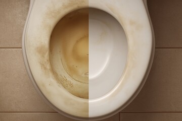 the condition of the toilet bowl before and after cleaning is shown. A dirty toilet bowl with stains on it is combined with a clean toilet bowl,