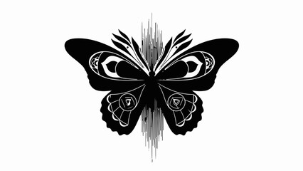 Intricate black butterfly silhouette with abstract wing patterns on a white background