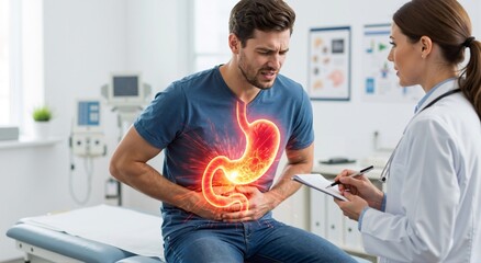 Man experiencing stomach ache with stomach highlighted as doctor consults. Digestive system pain and stomach problem concept. Gastric discomfort.