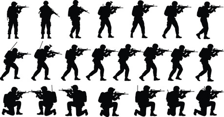 Black silhouette soldiers aiming rifles set showing tactical military combat walking kneeling and shooting poses isolated on white background illustration © Nur Creations