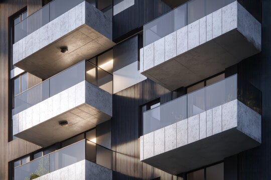 Contemporary apartment exterior with staggered terraces alternating dark metal and bright plaster surfaces Shadows precise ultra fasade sharp