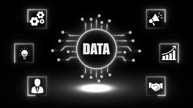 Central data circle with surrounding icons for business analytics and strategy technology information