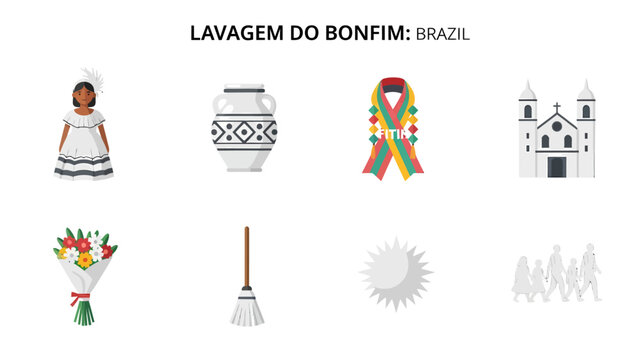 Icons representing elements of the Lavagem do Bonfim festival in Brazil including a woman vase ribbon church flowers broom sun and people