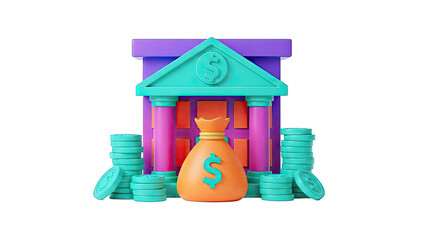 3D Render of a Bank Building with Money Bag and Coins