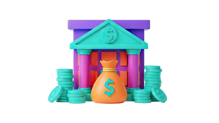 3D Render of a Bank Building with Money Bag and Coins