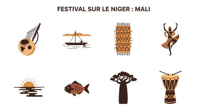 Eight brown icons representing elements of the Festival au Niger Mali