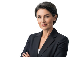 Elegant woman in a black suit poses confidently against a dark background