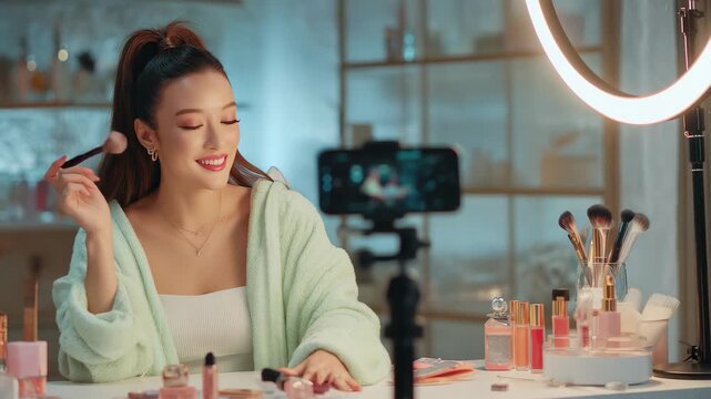 Asian beauty influencer applying makeup while recording a live stream or video tutorial with a ring light and smartphone setup, 4k video