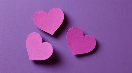 Obraz premium Three pink heart-shaped items arranged centrally on a purple gradient background,