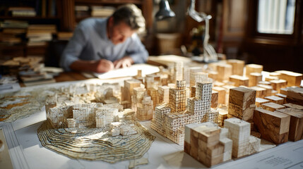 Urban planning consultancy small business office, maps and models, city design workflow, independent professional planning entrepreneur