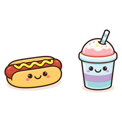 Cute Kawaii Hot Dog and Milkshake Cup Characters Vector