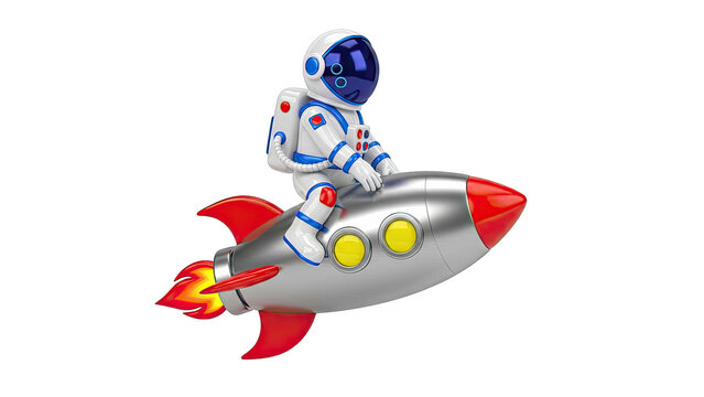 Astronaut Riding Rocket Ship on White Background