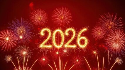 2026 Golden Sparkler Text with Red Fireworks Celebration Background