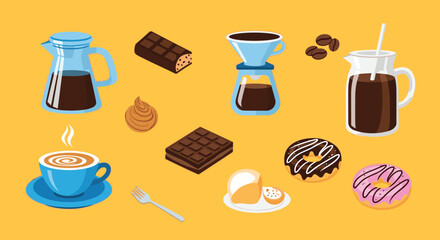An inviting illustration showcasing diverse coffee preparations, brewing tools, and sweet treats including donuts and chocolate, all set on a warm yellow background.