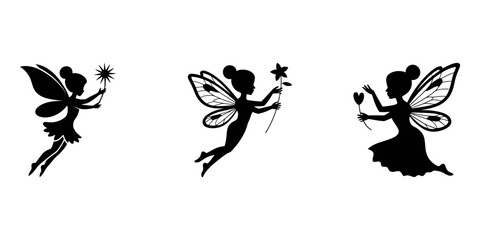 Five black silhouette fairies with wings and wands in various flying poses on a white background fairy