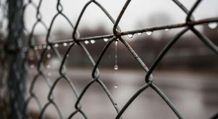 Fototapeta premium Capturing melancholic mood: Raindrops clinging to weathered chain-link fence on a gloomy day
