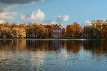 Architectural ensemble of the Admiralty on the shore of the Big Pond in the Catherine Park of Tsarskoye selo on a sunny autumn day, Pushkin, St. Petersburg, Russia