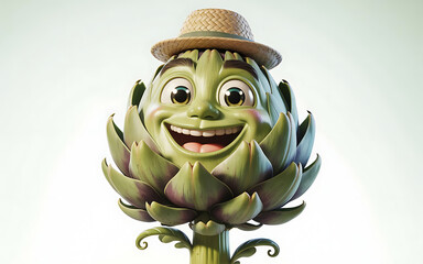 A cheerful artichoke character with a hat