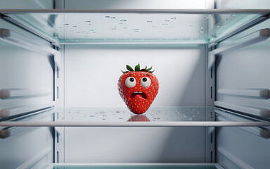 A lonely cartoon strawberry in an empty refrigerator