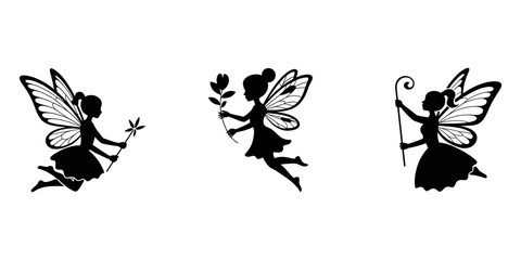 Five black silhouette fairies with wings and wands in various flying poses on a white background fairy