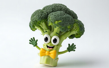 A cheerful cartoon broccoli character with a bow tie