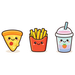Cute Kawaii Fast Food Set with Pizza, Fries and Milkshake Vector