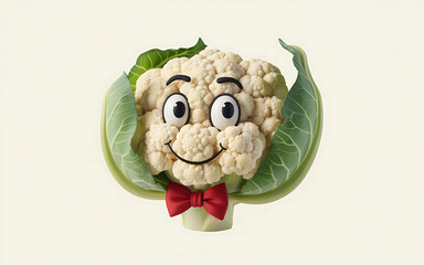Smiling cauliflower character with red bow