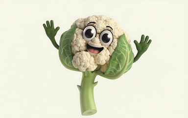 A cheerful cartoon cauliflower character with a smile and raised hands