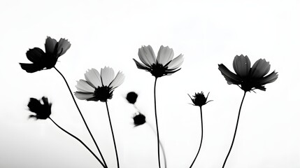 Elegant Black and White Cosmos Flowers Silhouetted Against a Bright White Background.