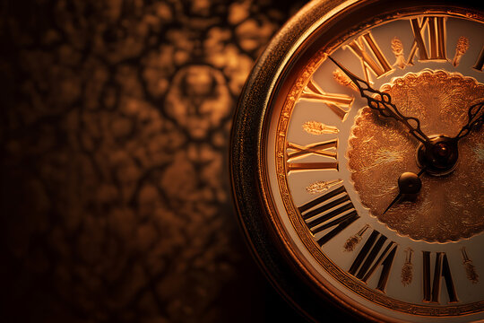 A close-up of an antique clock face with Roman numerals on a textured background