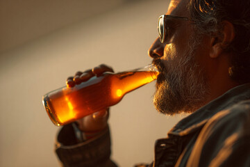 Man drinking beer, relaxed expression, casual lifestyle, refreshing beverage moment, modern leisure concept.