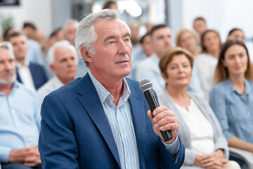 Senior man holding microphone speaking at business seminar, audience listening and knowledge sharing.