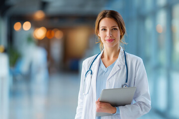 Female doctor holding tablet in hospital corridor, healthcare professional and medical technology concept.