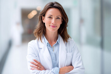 Female doctor standing confidently in hospital corridor, healthcare professional and medical technology concept.