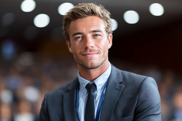 Confident businessman in a suit standing at a conference venue, professional corporate portrait with blurred audience background and leadership concept.