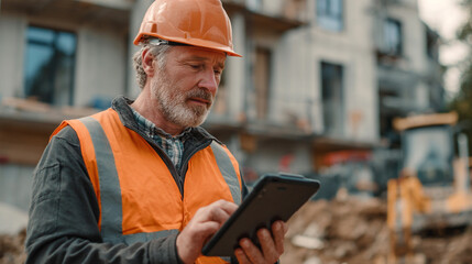 Construction worker wearing safety helmet and vest using digital tablet at building site, industrial technology and project management concept.