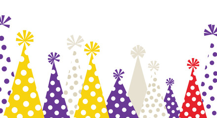 Vibrant polka dot party hats in yellow, purple, red, and beige, arranged across a white background for a festive celebration.