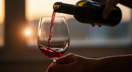Pouring red wine into a glass during sunset creating an elegant and relaxing atmosphere